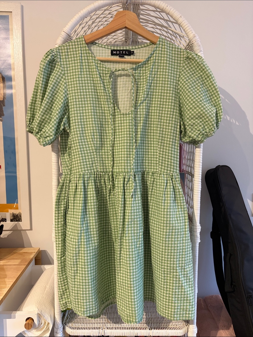 Motel Rocks Light Green Gingham Puff-Sleeve Kids Dress